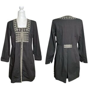 Cabi Womens Boho Military Style Jacket Gray Long Duster Embroidered Beaded Sz 8